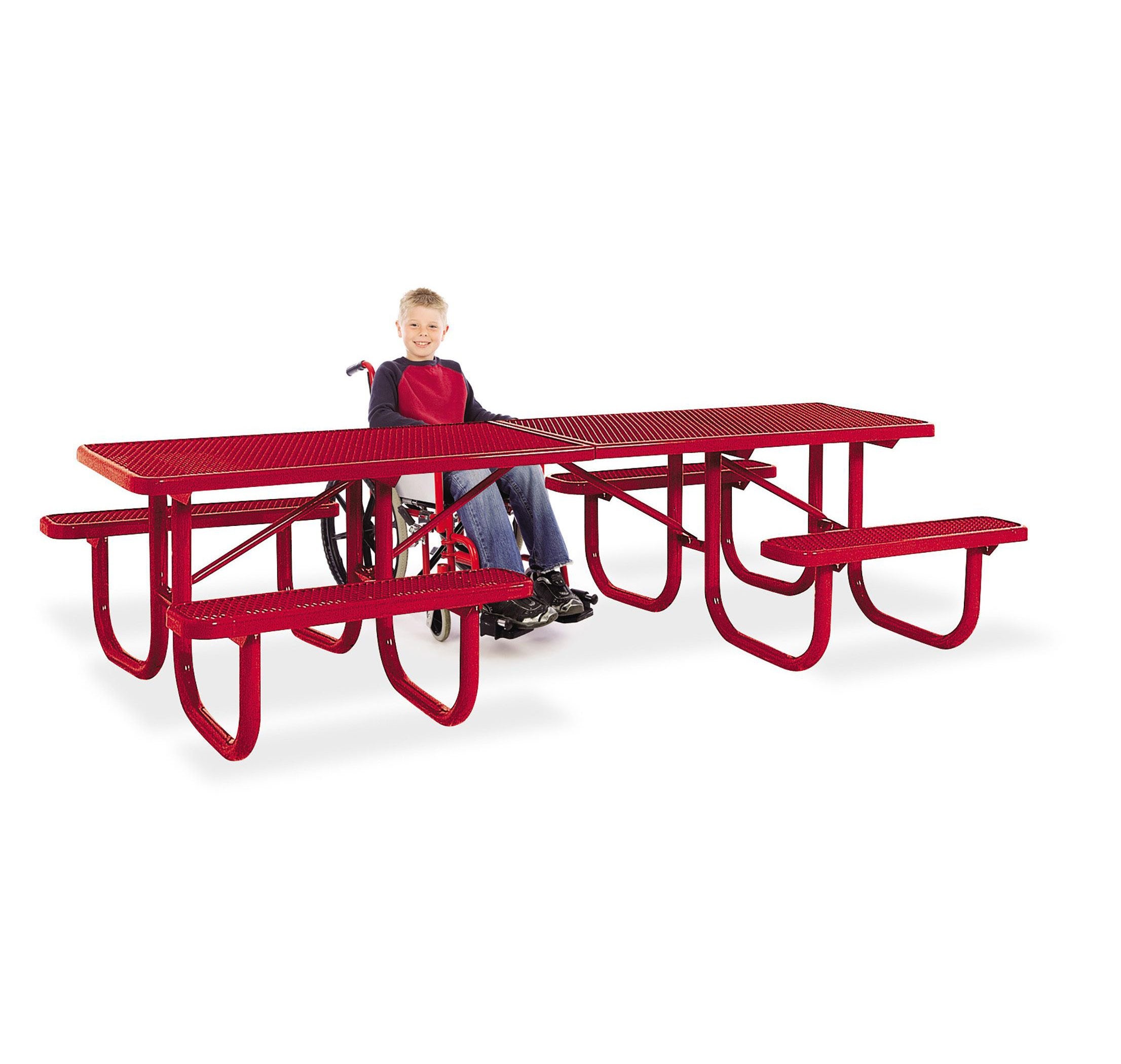 Extra Heavy-Duty ADA Shelter Table in red with walk-through design, child in wheelchair at outdoor picnic setting
