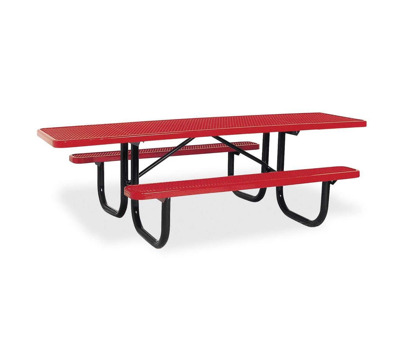 ADA Double-Sided Extra Heavy Duty Picnic Table with red perforated planks and black welded walk-through frame for accessible outdoor seating