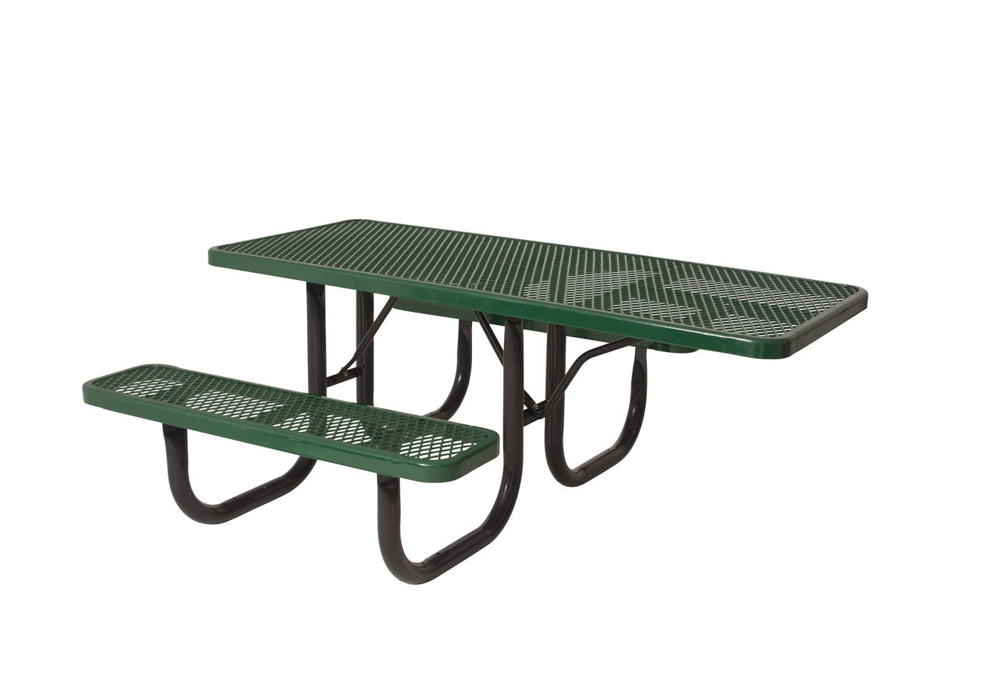 ADA Single-Sided Extra Heavy Duty Picnic Table with green metal mesh top and bench, black tubular steel frame, ADA accessible design