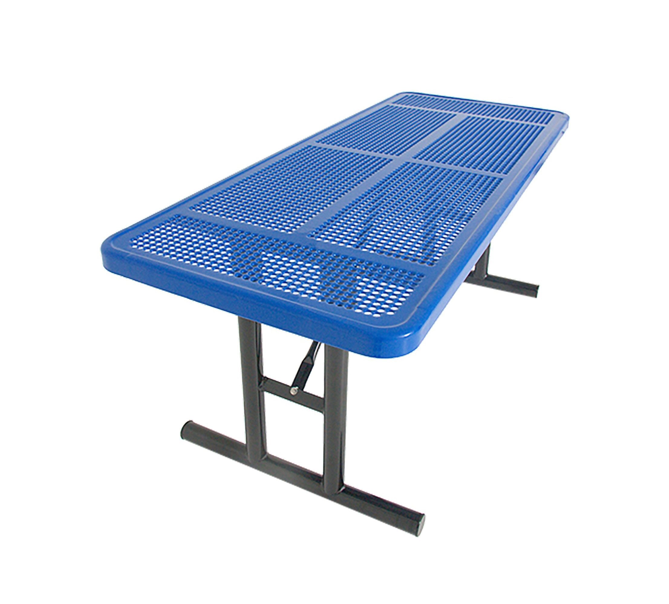 Blue perforated metal utility table with black welded frame and angled non-trip legs, designed for outdoor use and accessibility.