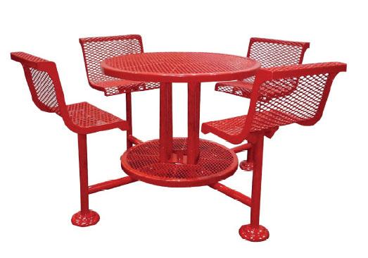 Red metal bar-height round table with diamond-patterned top and attached mesh seats, sturdy outdoor dining set