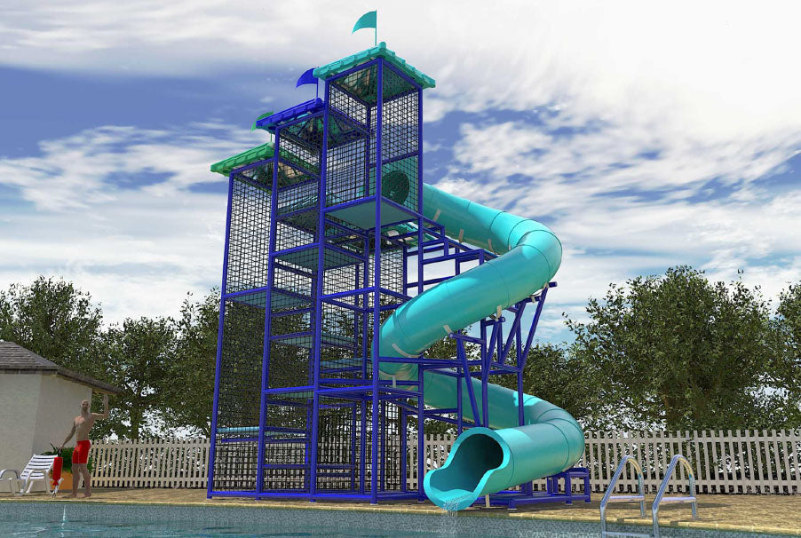 Custom Commercial Water Slide with blue tubular flume, multi-level climbing structure, and safety netting beside a pool