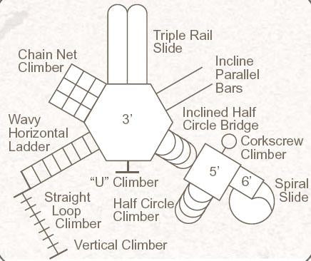 Overhead view of a modular playground with interconnected climbers, slides, ladders, and bridges in a colorful layout