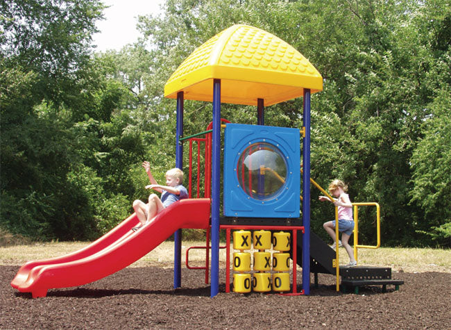 Colorful modular playground with yellow roof, red slide, tic-tac-toe panels, and children playing outdoors