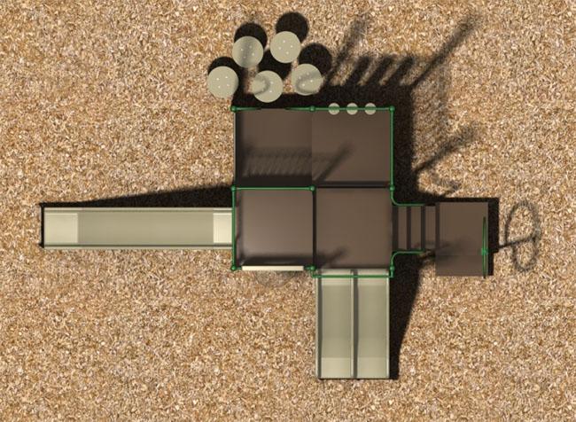 Overhead view of modular playground with wide slide, double slide, stepping stones, climbing features, and interactive panels on wood chip ground
