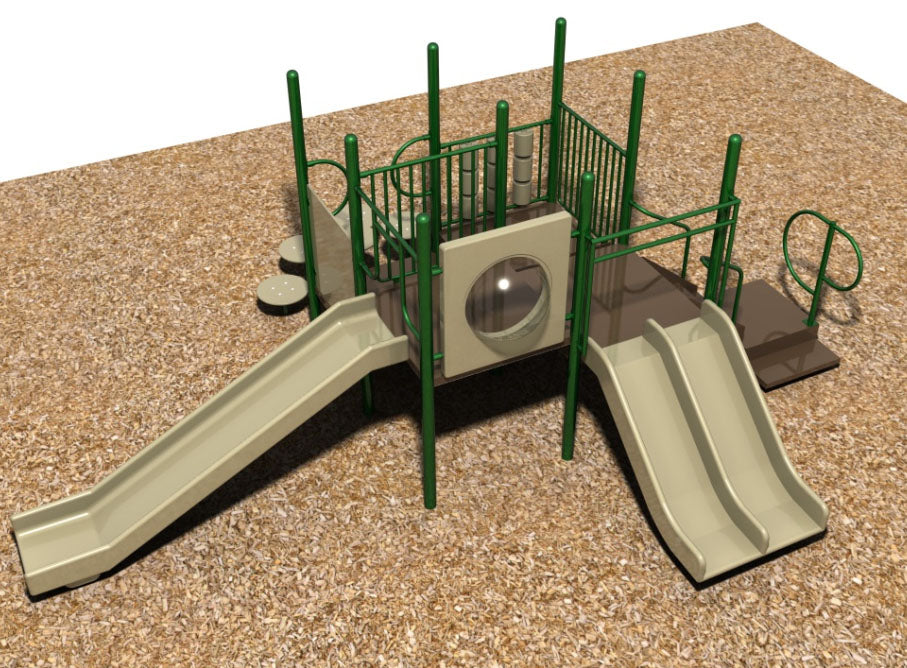 Playground with green metal posts, beige wide straight slide, double slide, stepping stones, and activity panels on wood chip ground