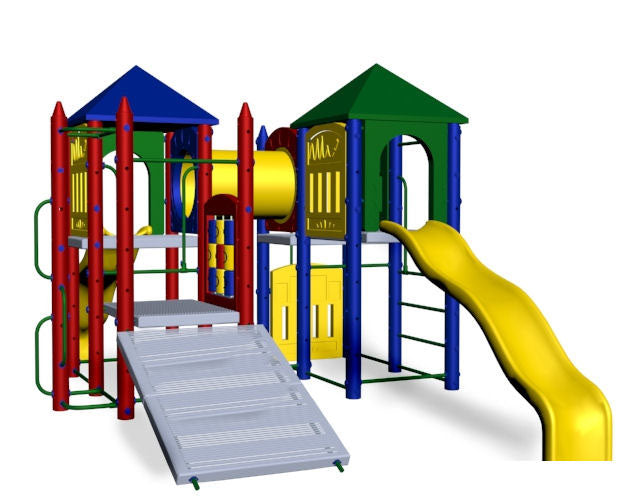 Fort Niagara PlaygroundLarge Play Systems with multi-level decks, colorful crayon-themed towers, yellow wave slides, and climbing ramp