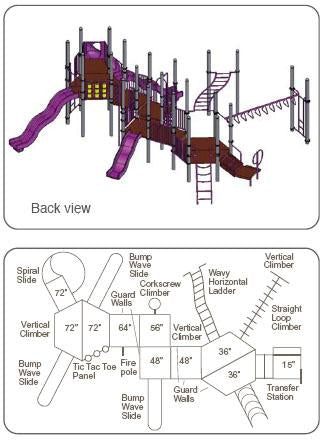 Large modular playground with multiple slides, climbers, ladders, tic tac toe panel, and elevated platforms in purple and brown.