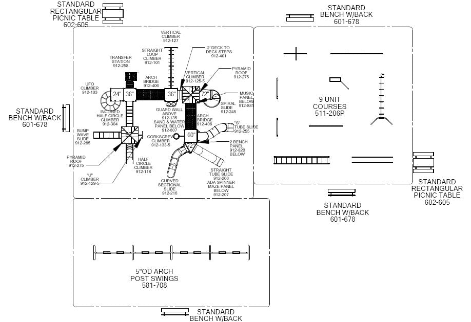 Overhead view of a large outdoor playground featuring climbing structures, slides, swings, benches, and picnic tables in vibrant colors