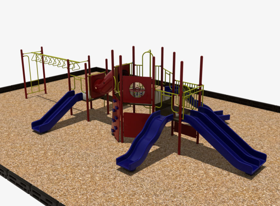 Outdoor playground with multiple blue slides, climbing walls, monkey bars, activity panels, and wood chip ground.