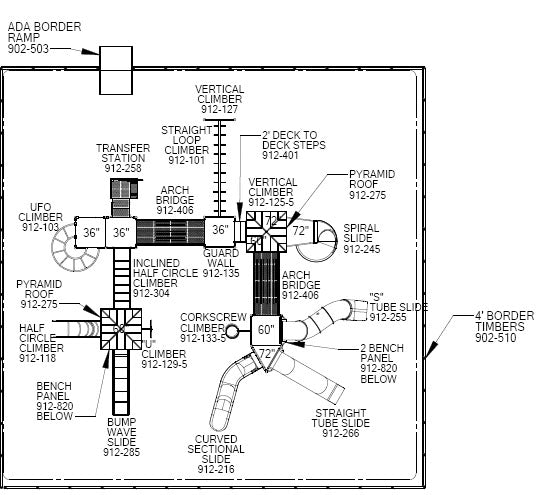 Overhead view of a modular playground with slides, climbers, bridges, ramps, and interactive panels in a square layout