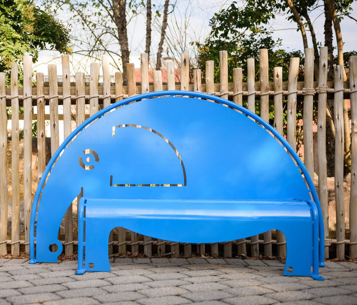 4' Elephant Bench in bright blue with playful elephant design, sturdy metal park bench for playgrounds and schools