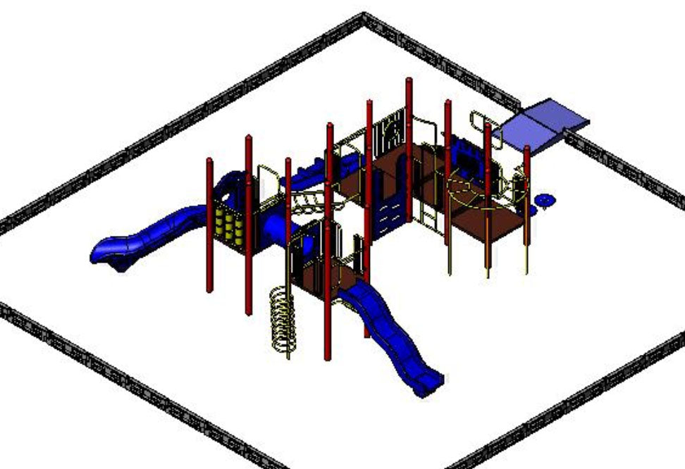 Overhead view of a large playground with multiple blue slides, climbing walls, red support poles, and interactive play panels within a fenced area