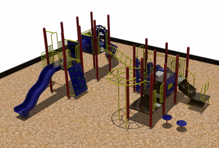 Large colorful outdoor playground with multiple slides, climbing walls, tunnels, and interactive play panels in blue, red, and green.