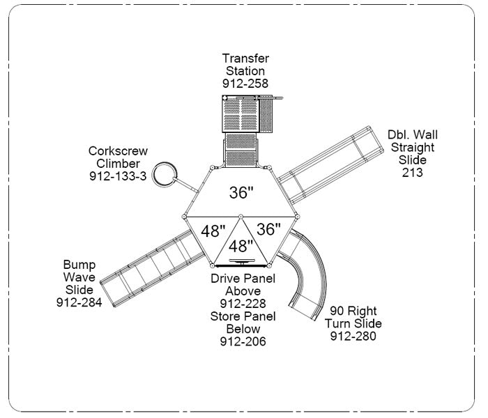 Overhead view of a large playground system with transfer station, corkscrew climber, double wall slide, bump wave slide, 90-degree turn slide, and interactive panels.