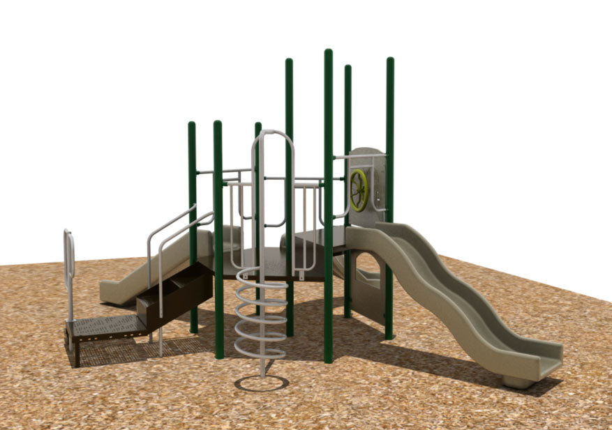 Kenai WillyGoat Playground with green posts, multiple slides including double wall and bump wave, spiral corkscrew climber, interactive drive and store panels on wood chip ground