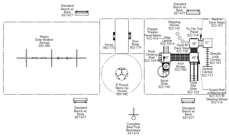 Overhead view of a large playground system with slides, climbers, swings, benches, spring riders, merry-go-round, and basketball goal.