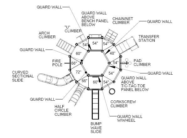 Overhead view of a circular playground with multiple climbers, slides, guard walls, and interactive panels promoting active play and learning