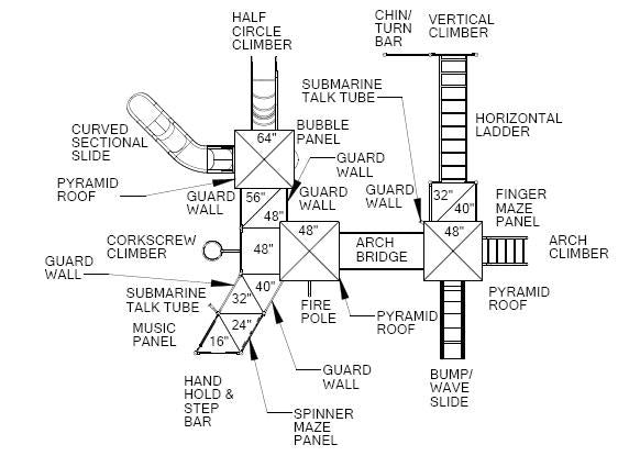 Overhead view of a large outdoor playground with slides, climbers, interactive panels, music elements, and guard walls