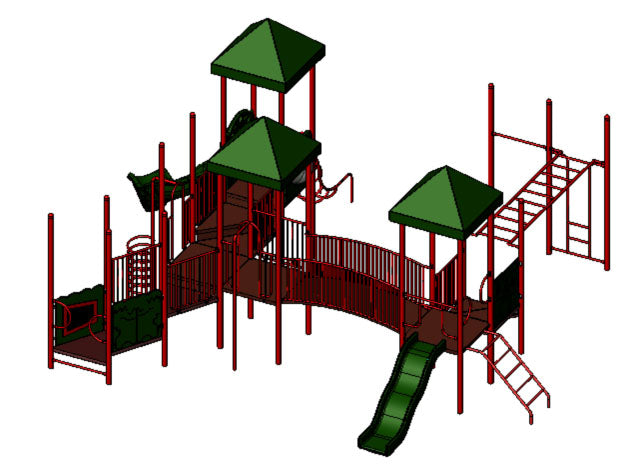 Yellowstone WillyGoat Playground with green roofs, red framework, slides, climbers, and interactive panels in outdoor playset