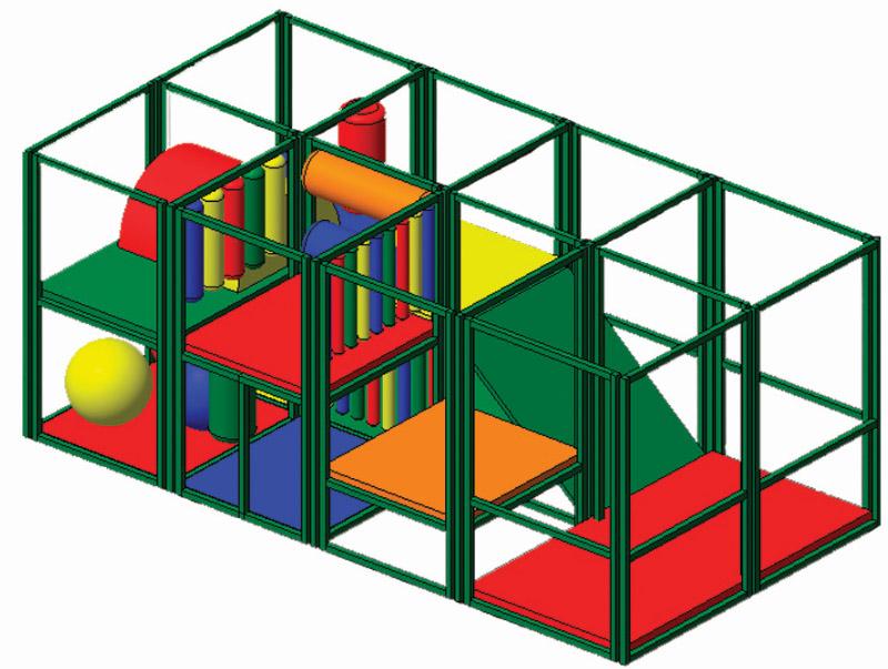 Indoor jungle-themed play structure with colorful padded platforms, soft obstacles, protective netting, and a vibrant ball pit.