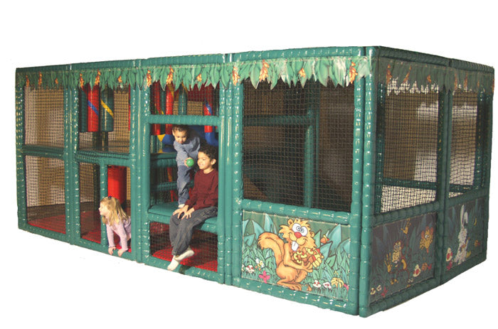 Tot Town Contained Play Jungle indoor playground with netted sides, jungle-themed panels, and children playing inside