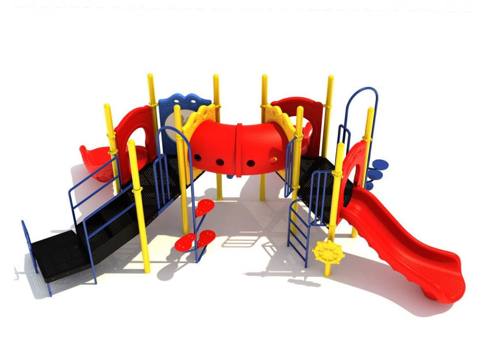 Colorful commercial playground with two red slides, curved red tube bridge, blue rails, yellow posts, and climbing features including ladders and pod climbers