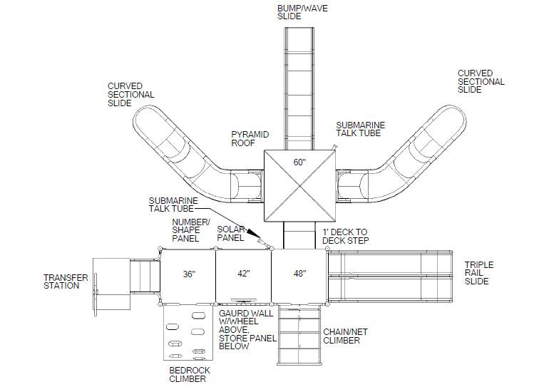 Overhead view of a large playground structure with multiple slides, climbers, talk tubes, and activity panels