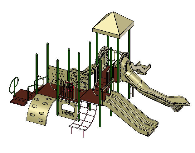Multi-level playground structure with green and tan slides, climbing walls, net climber, and interactive play panels.