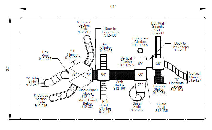 Overhead view of commercial playground with hex roof, spiral and tube slides, arch bridge, climbers, bubble and music panels