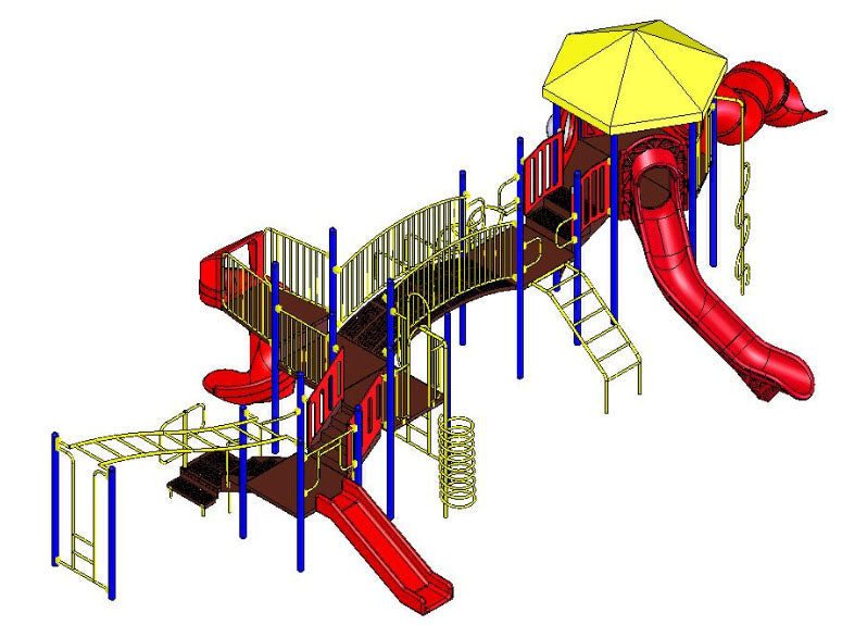 Large playground with multiple red slides, climbing structures, arch bridge, yellow hex roof, and blue supports
