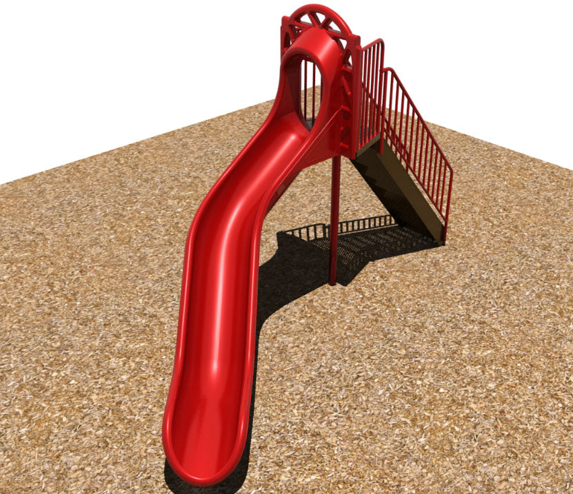 Red playground slide with arched entry, wide stairway, handrails, and supportive center post on wood chip ground.