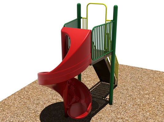Red spiral playground slide with green handrails and yellow safety bars on wood chip surface