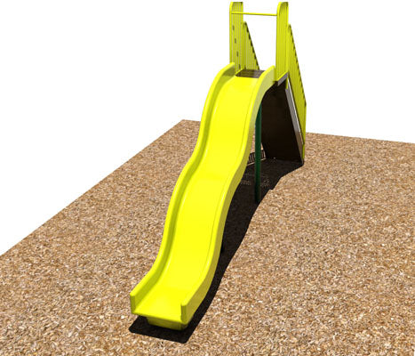 Bright yellow dual bump wave playground slide with textured steps and powder-coated support posts on wood chip ground.