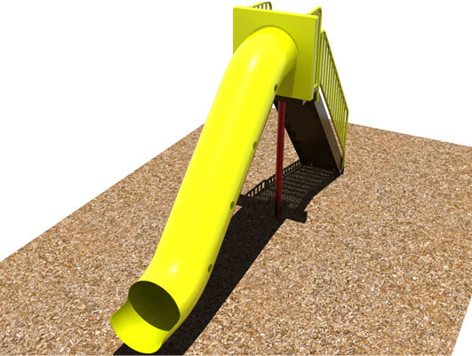 Bright yellow enclosed tube slide with sturdy stairs and handrails on playground surface