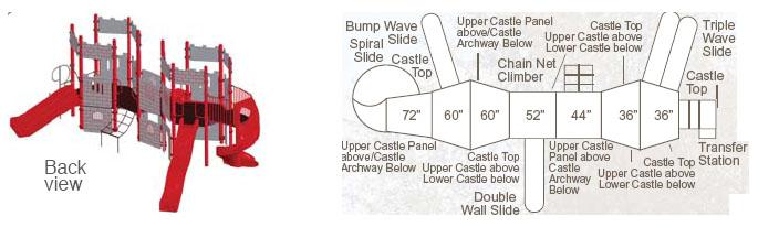 Castle-themed modular playground, rear and overhead views with spiral tube slide, triple wave slide, chain-net climber