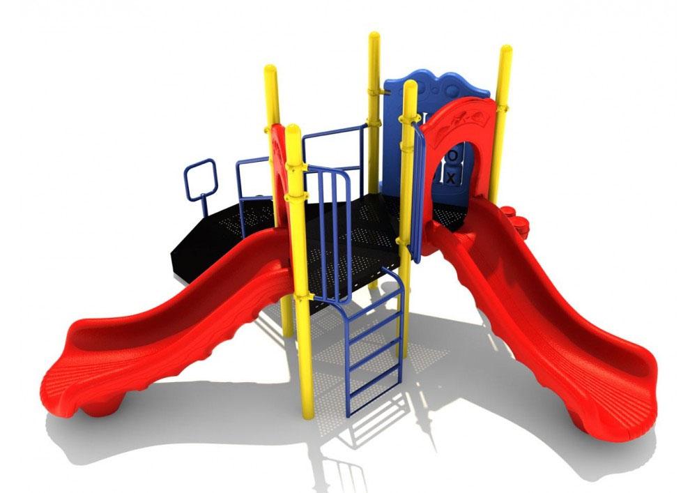 Compact commercial playground playset with dual red slides, blue vertical ladder, tic-tac-toe panel, yellow posts.