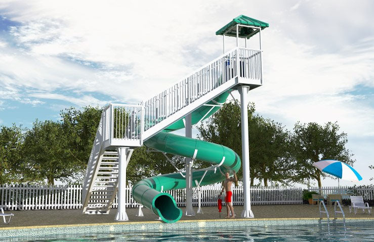 Victoria Falls Water Slide commercial open stair slide with green spiral tube, poolside setting, and safety railing