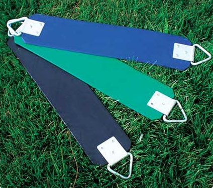 Commercial Heavy Duty Belt Swing with coated chain in blue, green, and black on grass, featuring extra strength belt and metal attachments
