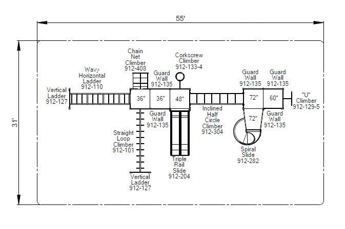 Top-down view of a large playground system with multiple climbers, guard walls, spiral slide, and triple rail slide in a rectangular layout.