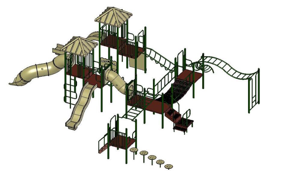 Large outdoor playground climber with slides, climbing ladders, bridges, multiple platforms in green and tan colors