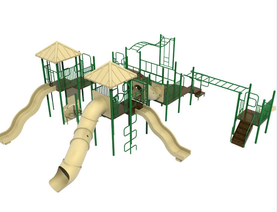 Large outdoor playground structure with green metal frames, beige slides, climbing ladders, and two pyramid roofs