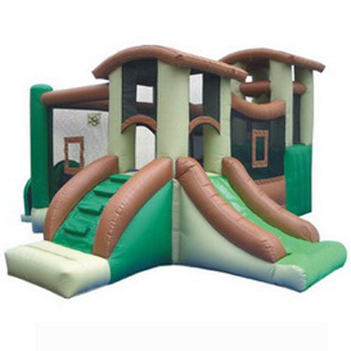 Commercial inflatable bounce house with dual slides, climbing walls, enclosed play areas, and ball pit catwalk in green and brown.