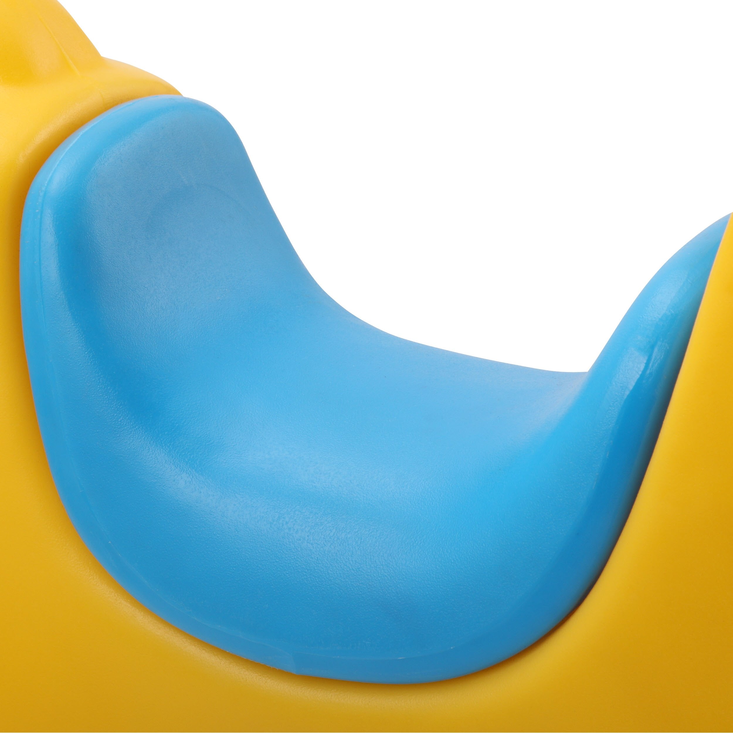 Blue plastic saddle and firm steel handles on yellow spring rider horse toy with commercial-grade steel spring base