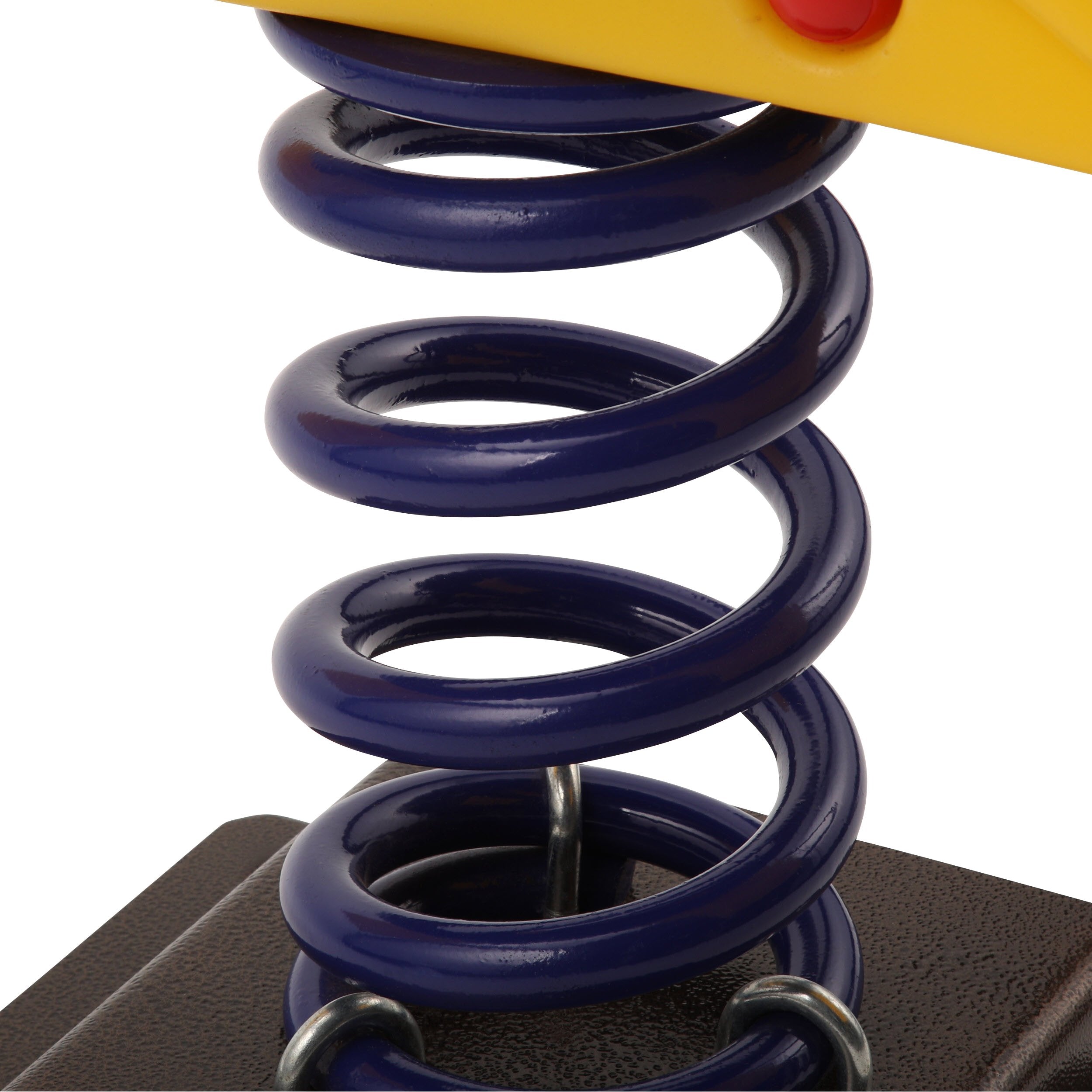 Blue steel coil spring attached to black base of a residential spring rider toy with sturdy steel handles