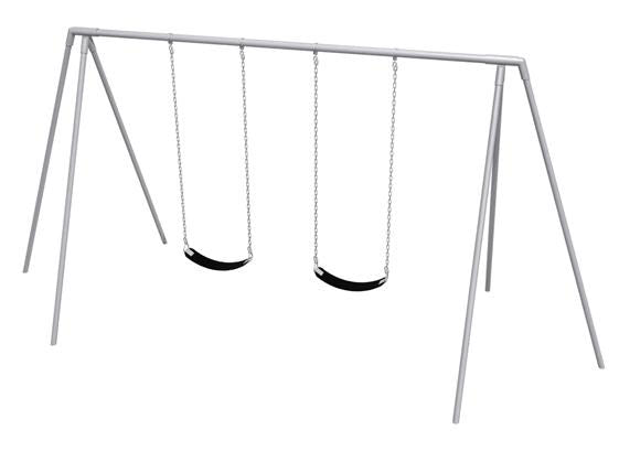 Metal tripod swing set with two black cut-proof belt seats hanging from galvanized steel chains and angled galvanized legs