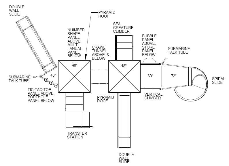 Overhead view of a large playground with pyramid roofs, double wall slides, spiral slide, climbers, crawl tunnel, and interactive panels