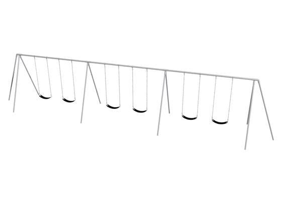 Metal tripod swing set with six black cut-proof belt seats hanging from galvanized steel chains on a sturdy frame