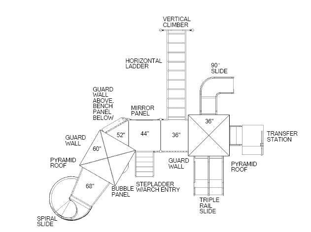 Overhead view of a large playground system with pyramid roofs, multiple slides, climbers, ladders, guard walls, and interactive panels