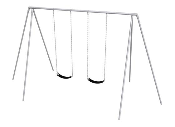 Metal tripod swing set with two black cut-proof belt seats hanging from galvanized steel chains and angled galvanized legs